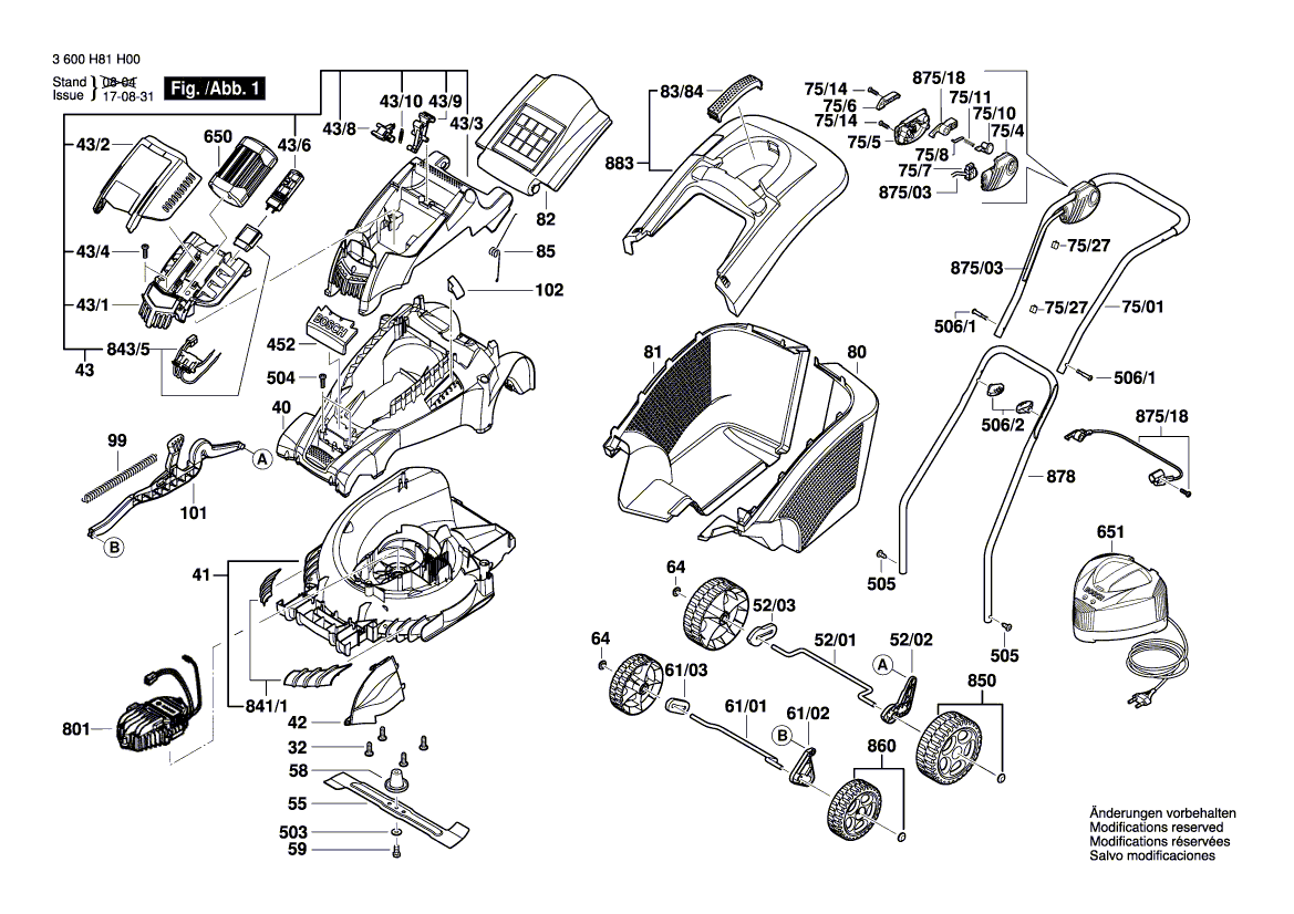 Ersatzteile und Zeichnung von Bosch Rasenmäher ROTAK 43 LI (3 600 H81